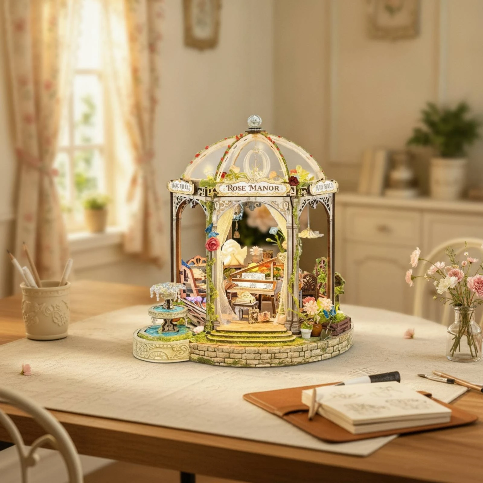 Rose Manor Ornament Detailed Design Garden Gazebo Model Wooden Miniature House Gift 3D Wooden Cottage Handmade for Home Display
Rose Manor Ornament Detailed Design Garden Gazebo Model Wooden Miniature House Gift 3D Wooden Cottage Handmade for Home Display