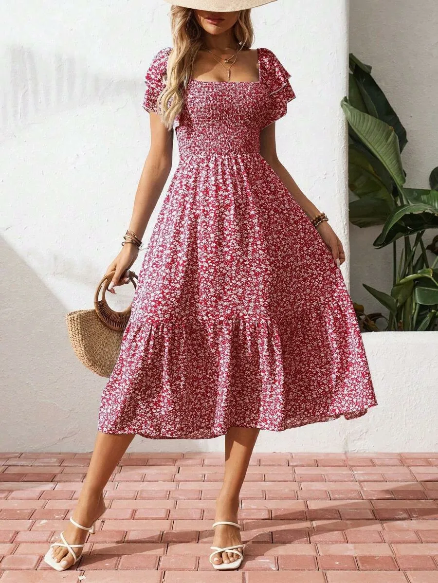Spring Women's Clothing Square Neck Short Sleeve Floral Print Midi Dress Elegant Office Long Dress Polyester Slim Fit Style
Spring Women's Clothing Square Neck Short Sleeve Floral Print Midi Dress Elegant Office Long Dress Polyester Slim Fit Style
