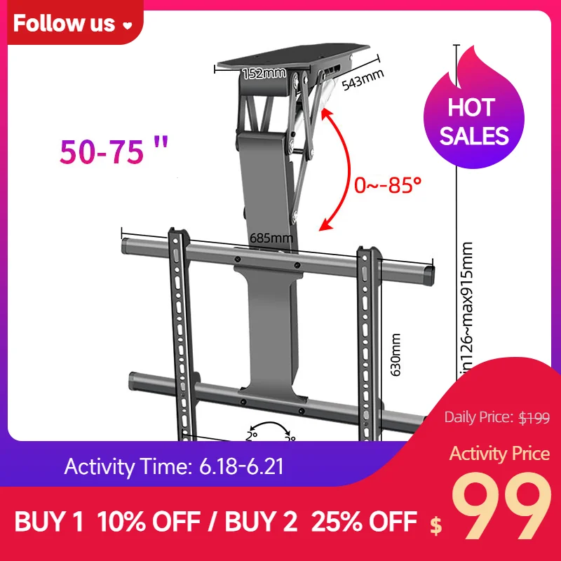 Electric Adjustable Ceiling TV Mount Motorized Flip Down Pitched Roof TV Mount for 32-75 Inch Flat and Curved Screen TVs
Electric Adjustable Ceiling TV Mount Motorized Flip Down Pitched Roof TV Mount for 32-75 Inch Flat and Curved Screen TVs
