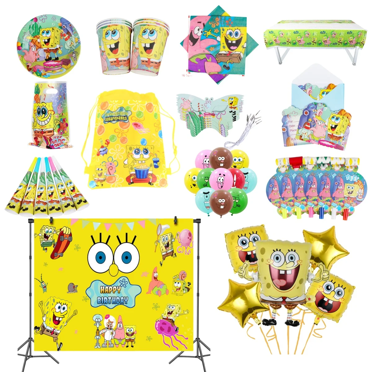 Cartoon SpongeBob Birthday Party Balloon Decoration Party Disposable Tableware Hat Horn Gift Bag Backcloth Party Supplies
Cartoon SpongeBob Birthday Party Balloon Decoration Party Disposable Tableware Hat Horn Gift Bag Backcloth Party Supplies