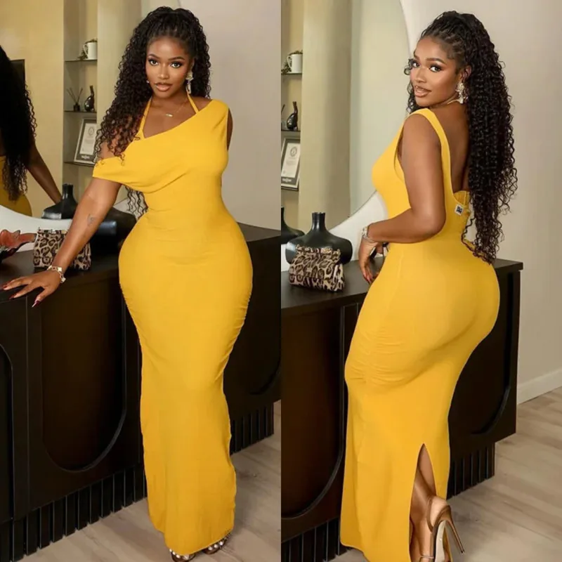Elegant Ruched Halter Maxi Dress For Women 2025 Sleeveless Slim Fit Backless Gown With Skew Collar Sexy Yellow Dress For Party
Elegant Ruched Halter Maxi Dress For Women 2025 Sleeveless Slim Fit Backless Gown With Skew Collar Sexy Yellow Dress For Party
