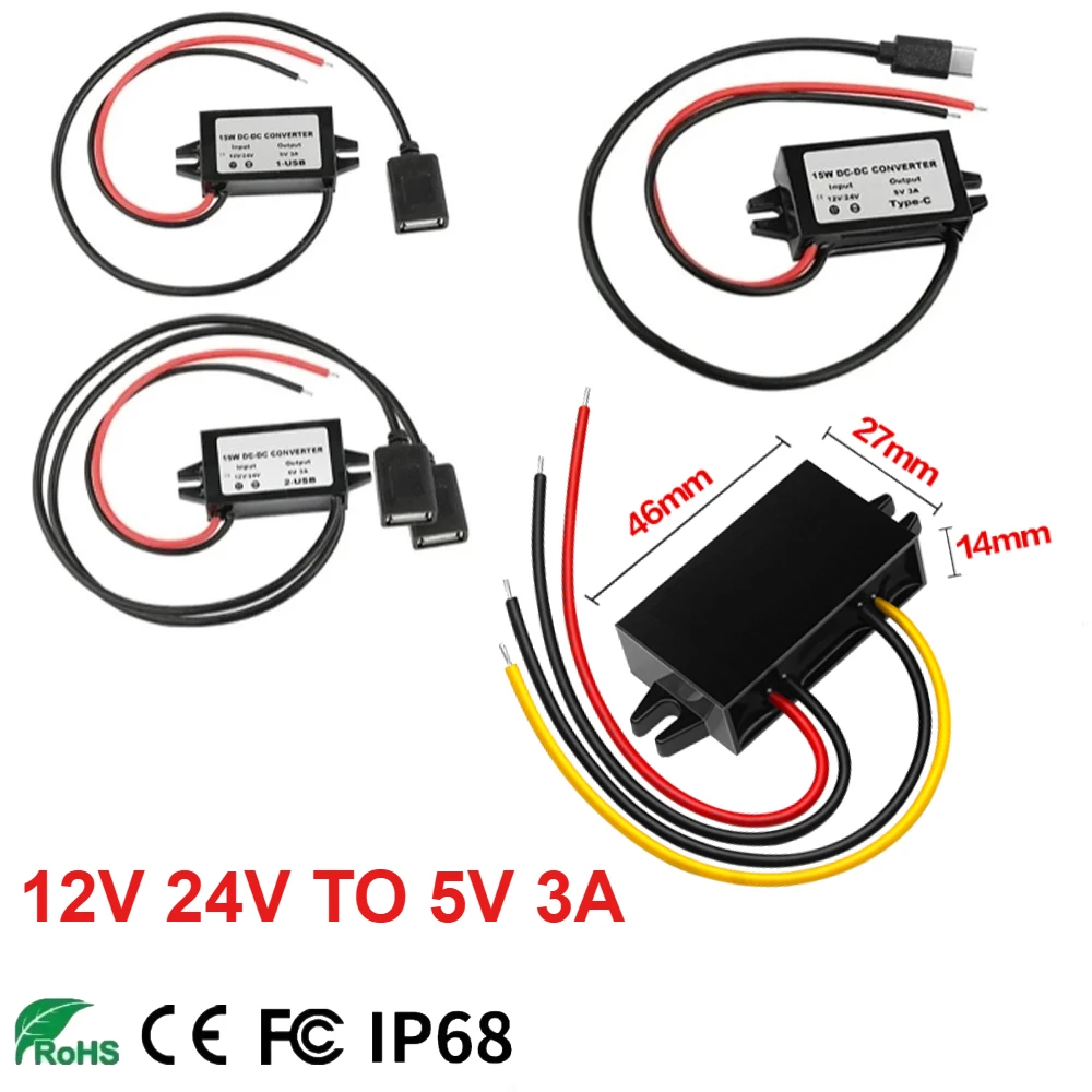 Waterproof 12V 24V to 5V 3A Converter DC-DC Step Down Module Power Adapter USB-A Female/Type C/dual USB/open Wire Connector
Waterproof 12V 24V to 5V 3A Converter DC-DC Step Down Module Power Adapter USB-A Female/Type C/dual USB/open Wire Connector