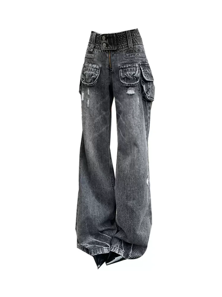 Женские черные готические джинсы-карго Y2K American High Street Harajuku, эстетический винтажный дизайн, широкие джинсы, брюки, одежда, новинка 
Женские черные готические джинсы-карго Y2K American High Street Harajuku, эстетический винтажный дизайн, широкие джинсы, брюки, одежда, новинка