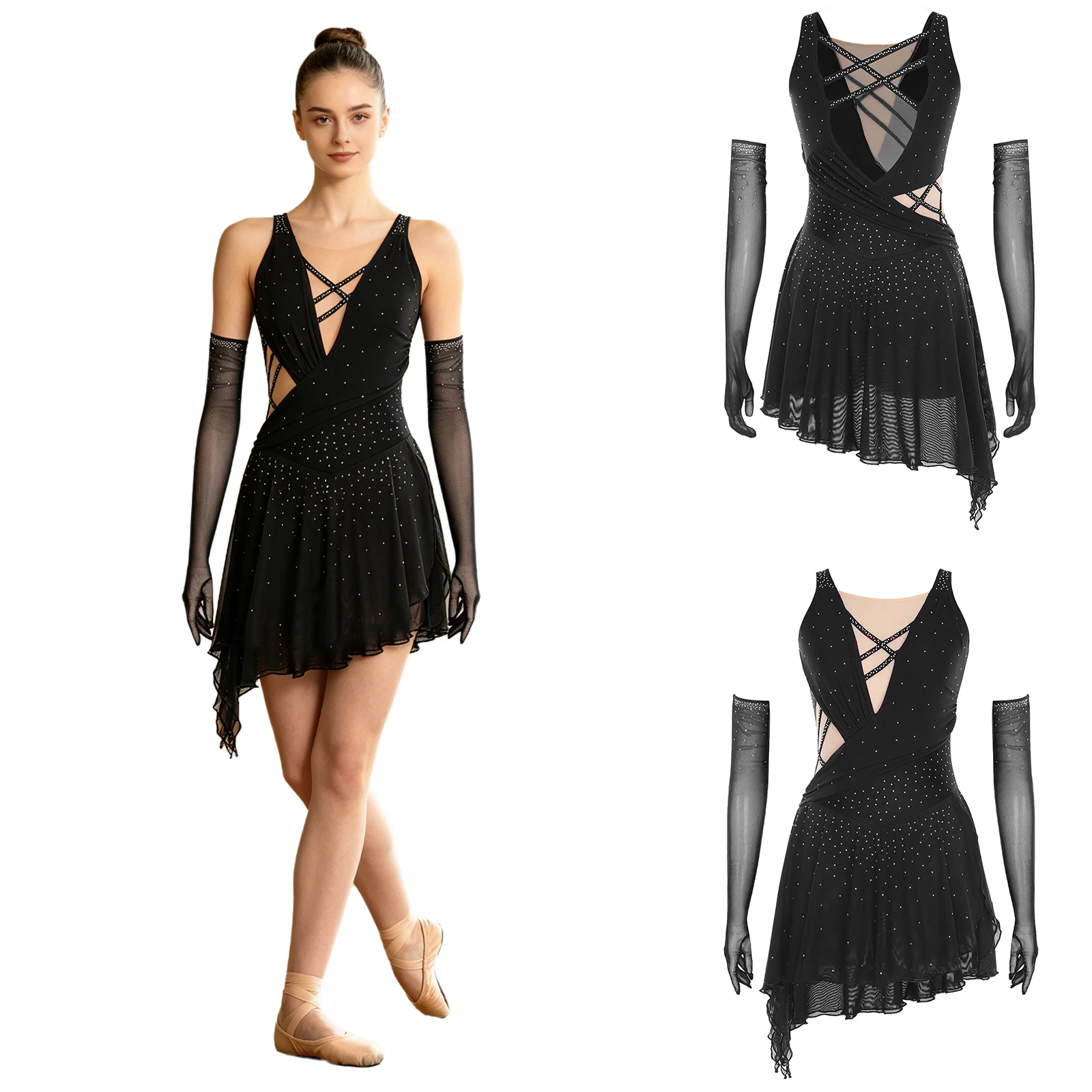 Women Lyrical Dance Figure Skating Ballet Gymnastic Leotard Dress with Mesh Gloves Strappy Backless Rhinestones Tutu Dress Set
Women Lyrical Dance Figure Skating Ballet Gymnastic Leotard Dress with Mesh Gloves Strappy Backless Rhinestones Tutu Dress Set