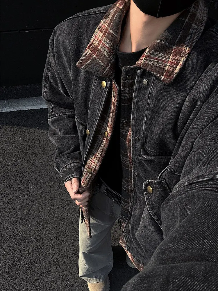 Spring Autumn Plaid Splicing Design Men's Denim Jaet American Cleanfit Long Sve Loose Fit Windproof Outerwear
Spring Autumn Plaid Splicing Design Men's Denim Jaet American Cleanfit Long Sve Loose Fit Windproof Outerwear
