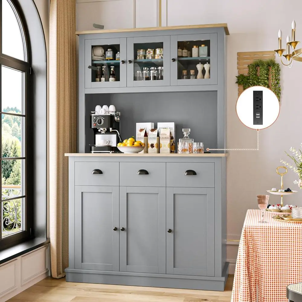Grey 71 Tall Kitchen Pantry Cabinet with Charging Station, Countertop, and Microwave Shelf for Dining & Coffee Bar Storage
Grey 71 Tall Kitchen Pantry Cabinet with Charging Station, Countertop, and Microwave Shelf for Dining & Coffee Bar Storage