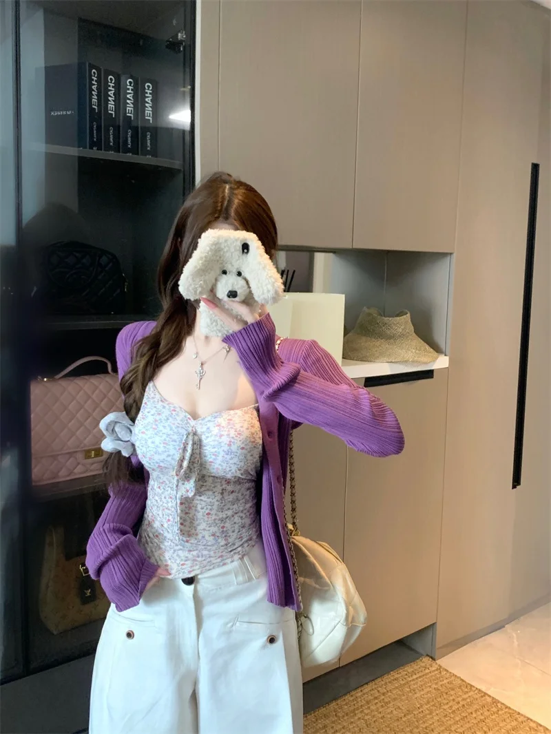 Kumikumi Pure Desire Purple Long Sleeve Knitted Open Cardigan Outerwear Women's Summer Inner Floral Strap Two-Piece Set
Kumikumi Pure Desire Purple Long Sleeve Knitted Open Cardigan Outerwear Women's Summer Inner Floral Strap Two-Piece Set