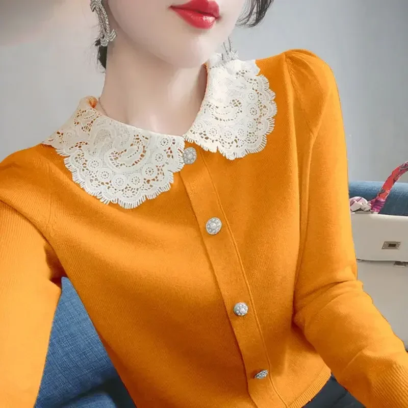 Sweet Peter Pan Collar Button Knitted Spliced Lace Blouse Female Clothing 2022 Autumn New Loose Casual Pullovers Korean Shirt
Sweet Peter Pan Collar Button Knitted Spliced Lace Blouse Female Clothing 2022 Autumn New Loose Casual Pullovers Korean Shirt
