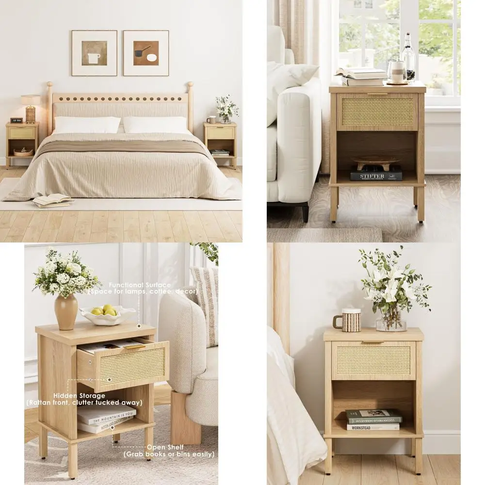 Boho Chic Rattan Nightstand - Drawer & Shelf, Gold Handle, Light Wood Accents for Bedroom & Living Room
Boho Chic Rattan Nightstand - Drawer & Shelf, Gold Handle, Light Wood Accents for Bedroom & Living Room