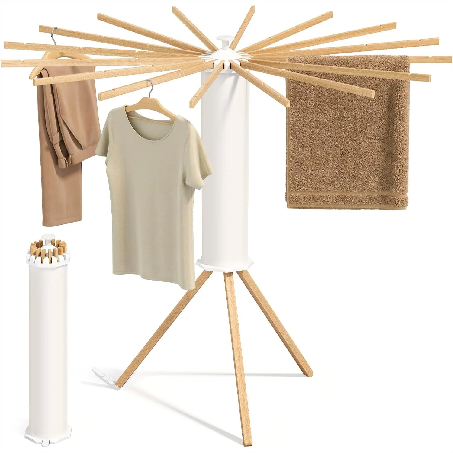 Clothes Drying Rack Foldable, Rotary Tripod Laundry Airer with 16 Pull-Out Wood Arms for Balcony & Laundry Room
Clothes Drying Rack Foldable, Rotary Tripod Laundry Airer with 16 Pull-Out Wood Arms for Balcony & Laundry Room