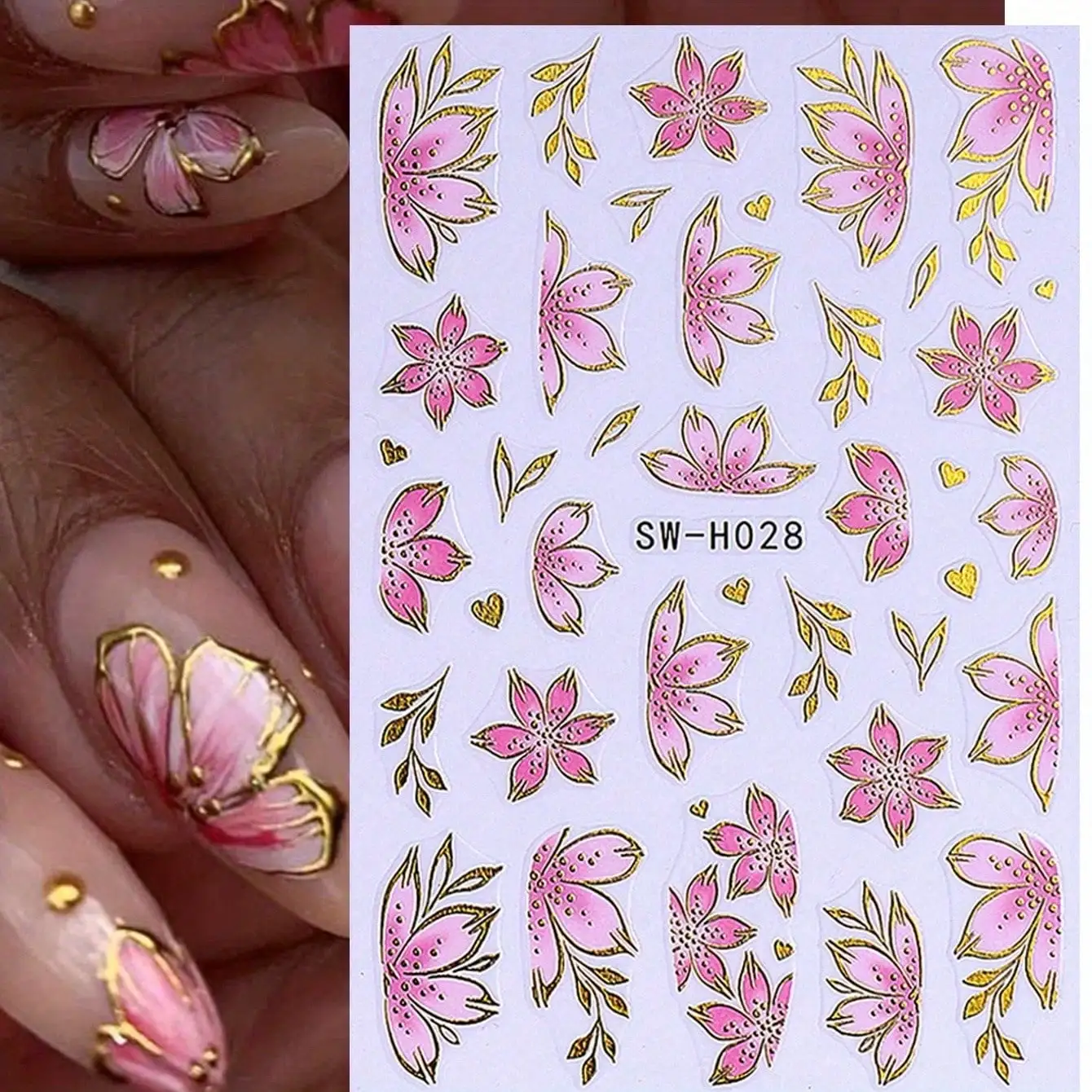 1Sheet Sakura Nail Art Stickers Pink Gold Flower Nail Decals 3D Floral Leaf Nail Tattoos for Women Girls Manicure Gift
1Sheet Sakura Nail Art Stickers Pink Gold Flower Nail Decals 3D Floral Leaf Nail Tattoos for Women Girls Manicure Gift