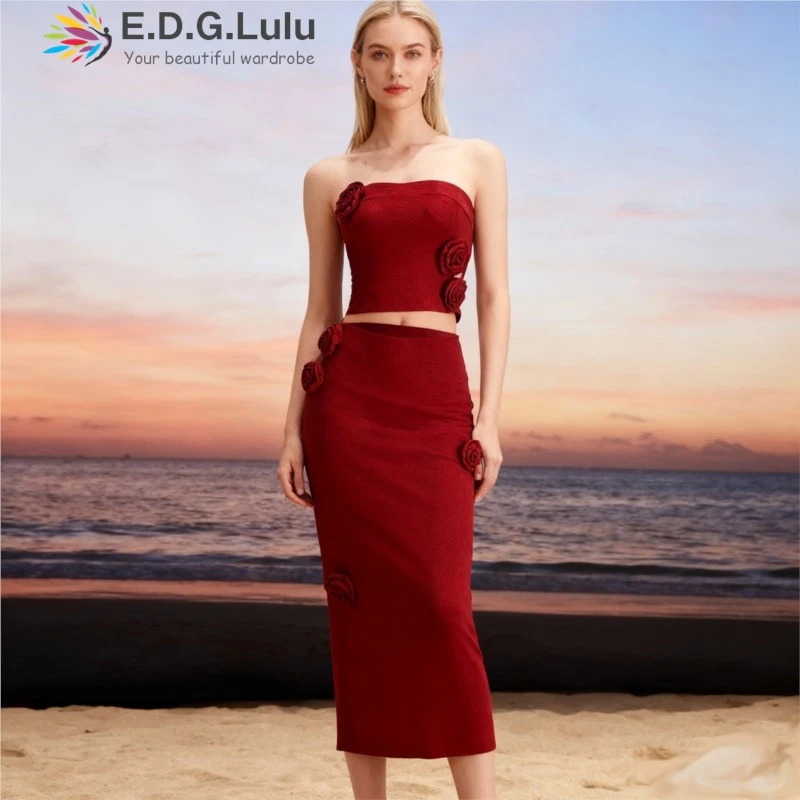 EDGLuLu Strapless Cropped Top+High Waist Long Mermaid Skirt Three Dimensional Flower Splicing Red Woman Sets Two Pieces 1102
EDGLuLu Strapless Cropped Top+High Waist Long Mermaid Skirt Three Dimensional Flower Splicing Red Woman Sets Two Pieces 1102
