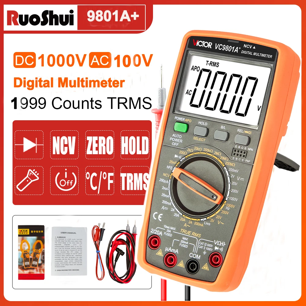 VICTOR Digital Multimeter Tester1000V DC AC Voltage Current 2000Cts Ohm Volt Meter 20A Triode Temperature Capacitance Transistor
VICTOR Digital Multimeter Tester1000V DC AC Voltage Current 2000Cts Ohm Volt Meter 20A Triode Temperature Capacitance Transistor