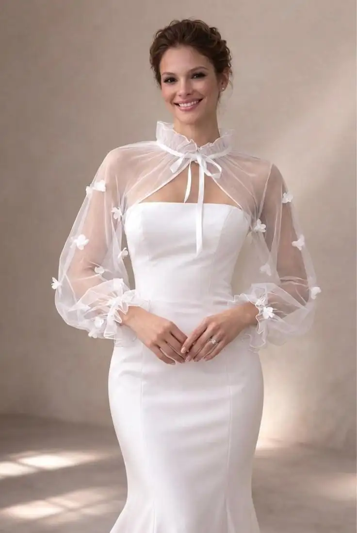 Customized Floral Wedding Capes Full Sleeves High Neck with Ribbon Bride Cover Topper Shawl Boleros
Customized Floral Wedding Capes Full Sleeves High Neck with Ribbon Bride Cover Topper Shawl Boleros