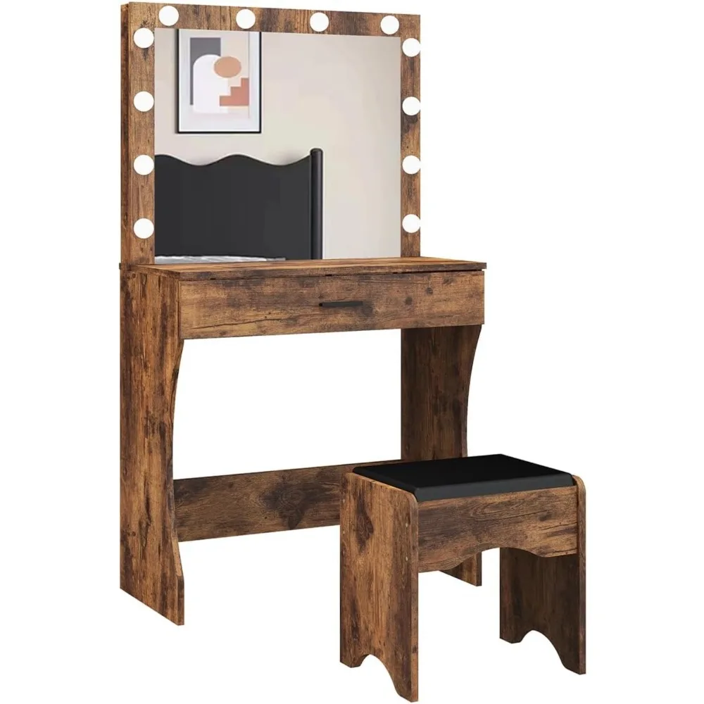 Vanity Desk with Mirror and Lights, Makeup Table with Adjustable Lights, One Drawer Storage, Stool
Vanity Desk with Mirror and Lights, Makeup Table with Adjustable Lights, One Drawer Storage, Stool