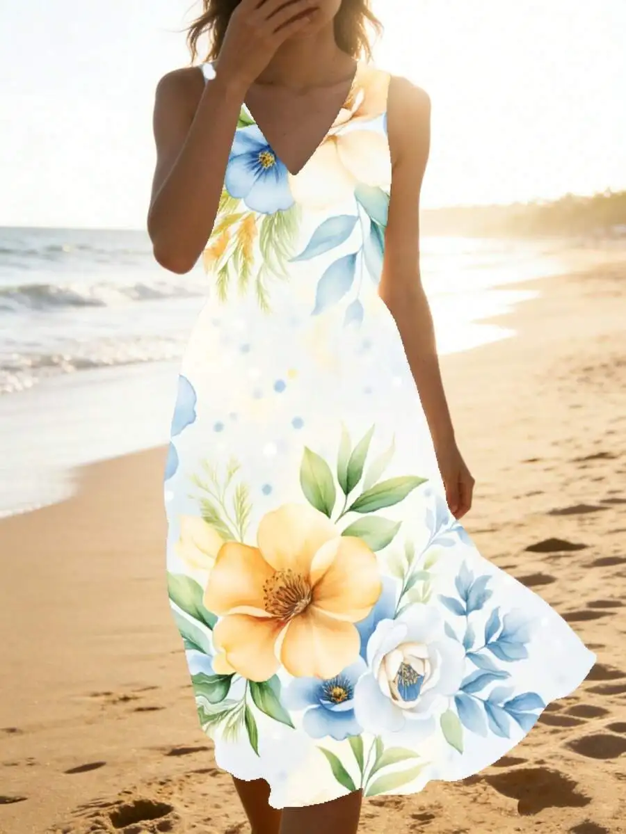 Floral Print Sleeveless V Neck Dress White Blue Yellow Flowers Beach Summer Outfit
Floral Print Sleeveless V Neck Dress White Blue Yellow Flowers Beach Summer Outfit