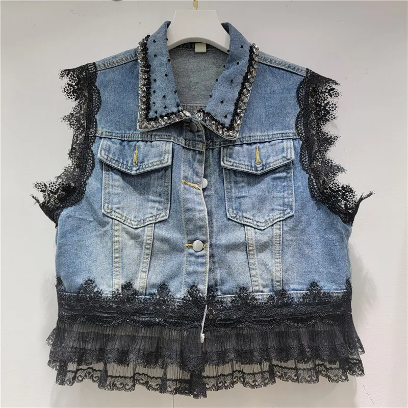 Spring New Korean Women Fashion Beaded Diamond Blue Short Denim Vest Lace Patchwork Turndown Collar Sleeveless Cowboy Waistcoat
Spring New Korean Women Fashion Beaded Diamond Blue Short Denim Vest Lace Patchwork Turndown Collar Sleeveless Cowboy Waistcoat