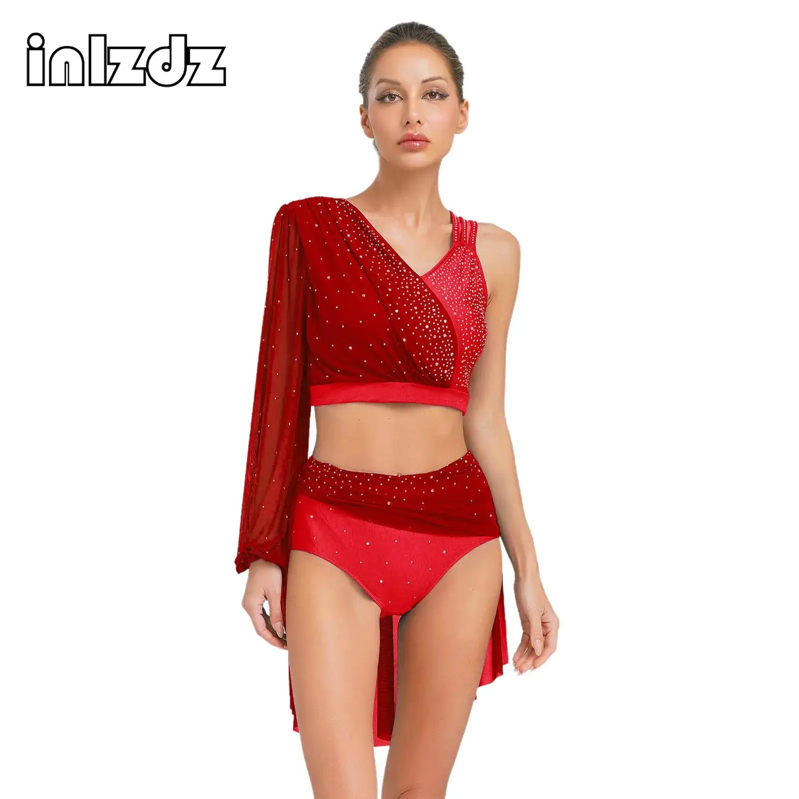 Womens Lyrical Dance Outfit Rhinestone Single Sleeve Backless Crop Top and Skirted Briefs 2-piece Suit for Dance Competition
Womens Lyrical Dance Outfit Rhinestone Single Sleeve Backless Crop Top and Skirted Briefs 2-piece Suit for Dance Competition