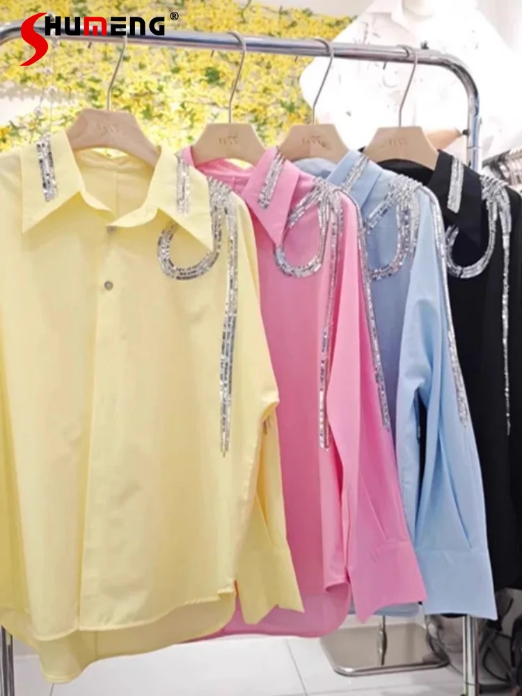 Women's 2026 Spring Shirts High-end Light Luxury Fashion Splicing Sequined Long Sleeve Shirts Jackets Ladies Solid Color Tops
Women's 2026 Spring Shirts High-end Light Luxury Fashion Splicing Sequined Long Sleeve Shirts Jackets Ladies Solid Color Tops