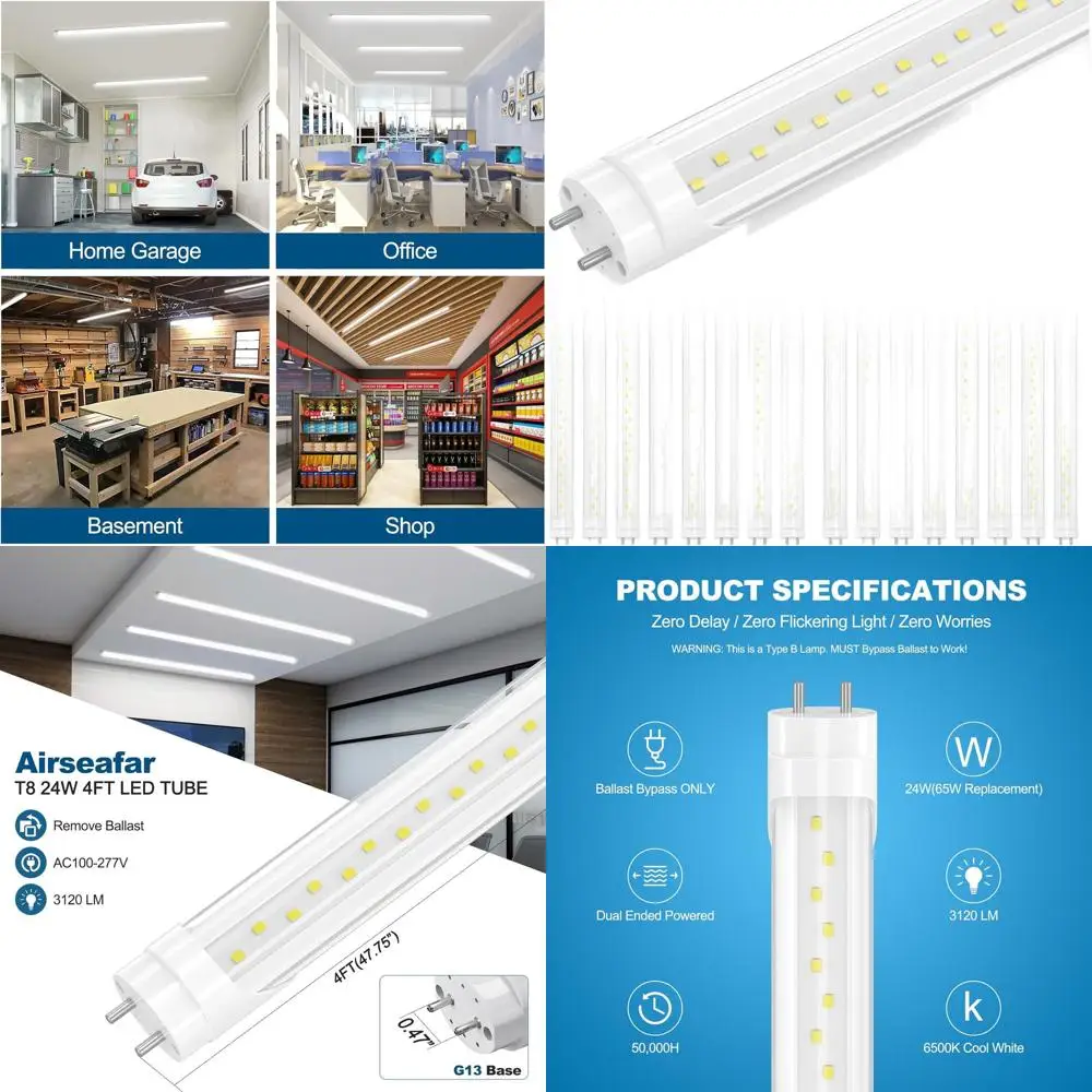 4ft LED T8 Tube Lights, 24W Daylight 6500K, 3120LM, Ballast Bypass, Non-Plug & Play, Clear Cover for Garage and Warehouse Ceilin
4ft LED T8 Tube Lights, 24W Daylight 6500K, 3120LM, Ballast Bypass, Non-Plug & Play, Clear Cover for Garage and Warehouse Ceilin