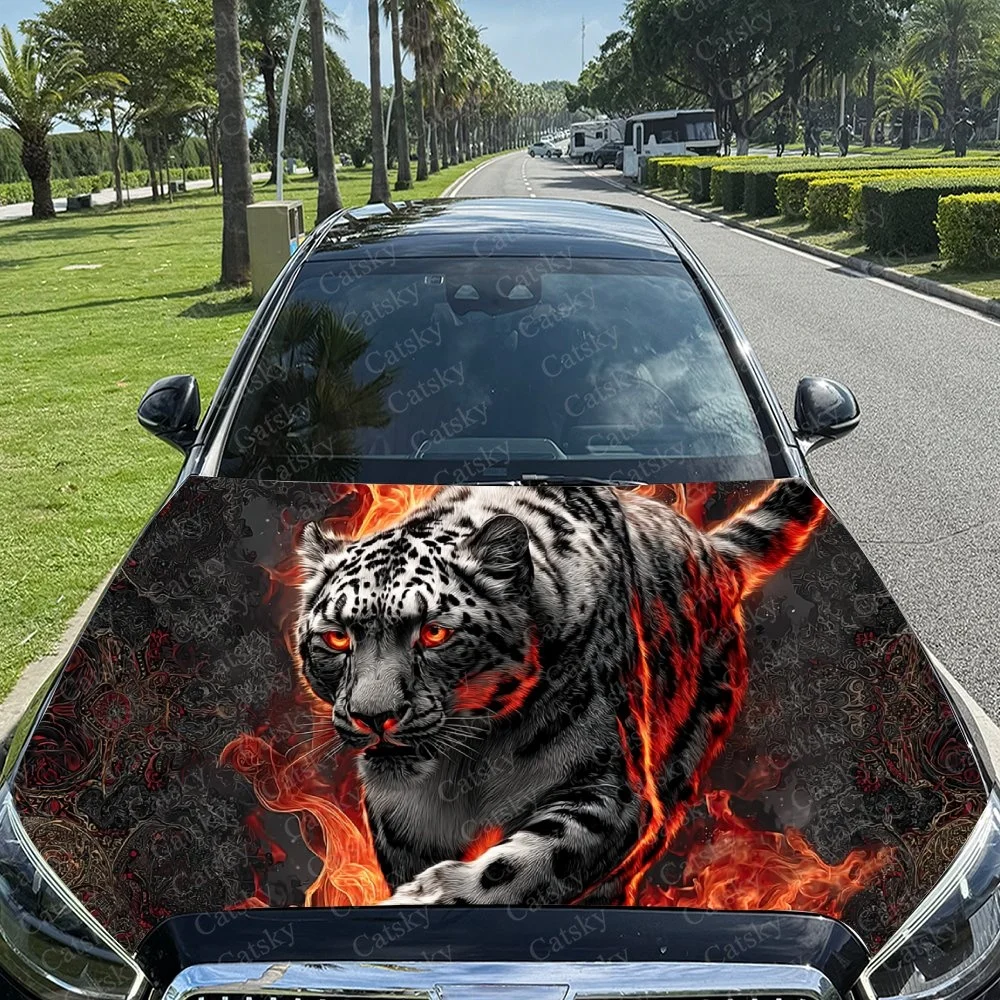 This striking car hood wrap features a fierce white tiger surrounded by vibrant flames, set against an intricate dark background
This striking car hood wrap features a fierce white tiger surrounded by vibrant flames, set against an intricate dark background
