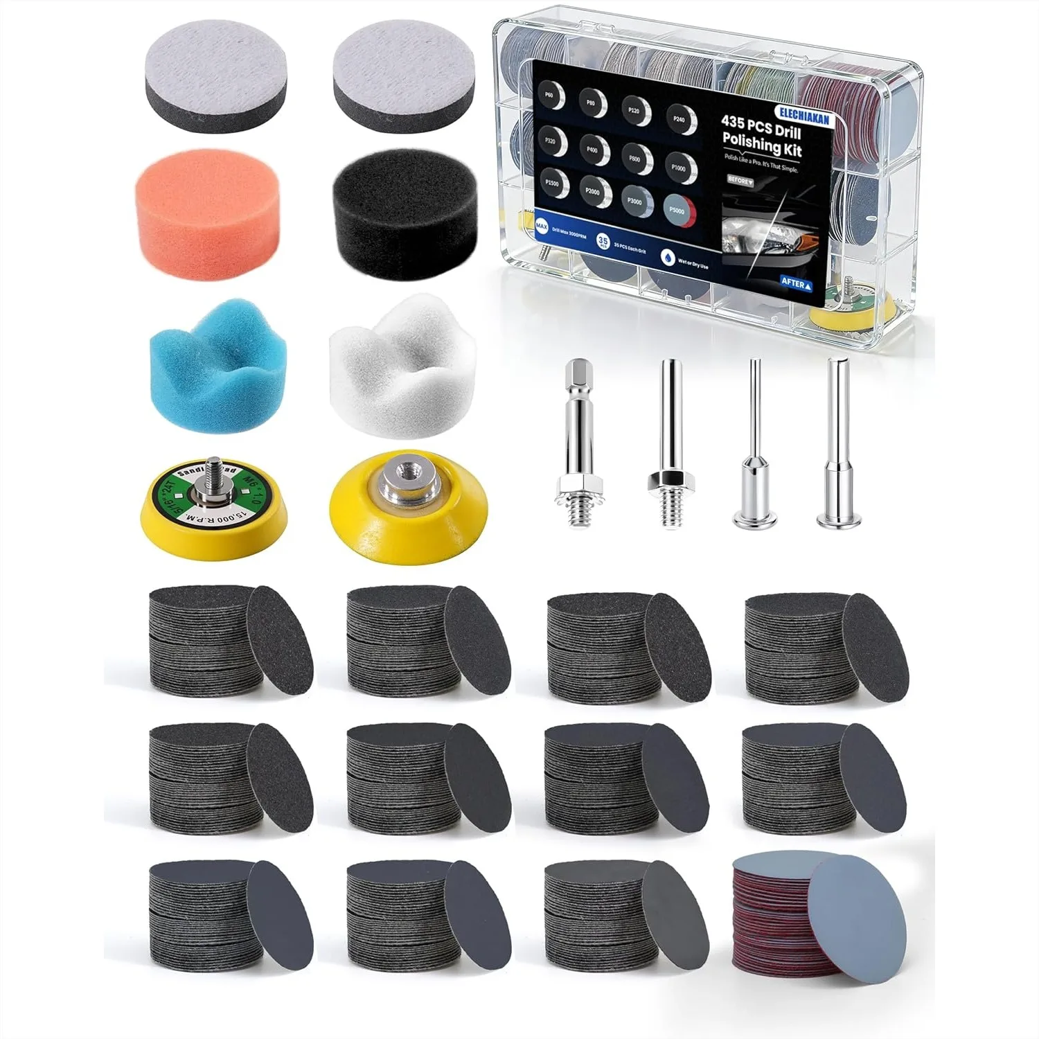 435 PCS 2 Inch Wet Dry Sanding Discs, Drill Polishing Kit with 60-5000 Grit Hook and Loop Sandpaper for Dremel, Headlight
435 PCS 2 Inch Wet Dry Sanding Discs, Drill Polishing Kit with 60-5000 Grit Hook and Loop Sandpaper for Dremel, Headlight