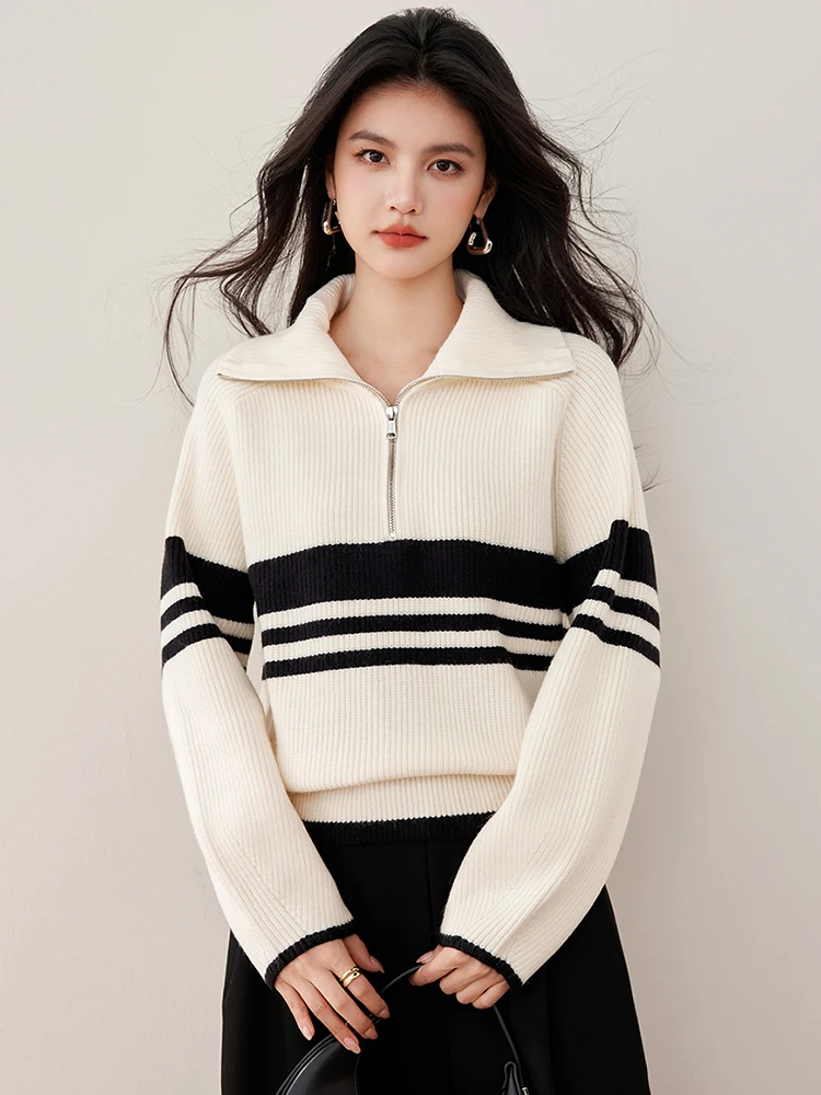Autumn Winter Women's Long Sleeve Sweaters Zipper Striped Knitted Pullovers Korean Style Turndown Collar Oversized Sweater
Autumn Winter Women's Long Sleeve Sweaters Zipper Striped Knitted Pullovers Korean Style Turndown Collar Oversized Sweater