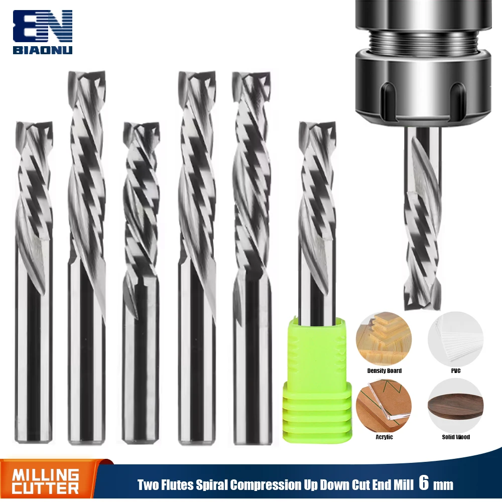 Biaonu 1Pc 6mm Up Down Cut Milling Tools Carbide Two Flutes Spiral End Mill CNC Router Wood Cutter Compression milling cutter
Biaonu 1Pc 6mm Up Down Cut Milling Tools Carbide Two Flutes Spiral End Mill CNC Router Wood Cutter Compression milling cutter
