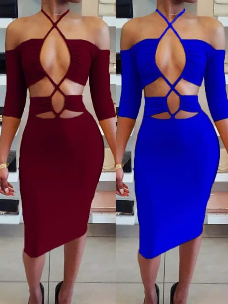 Sexy Wrap Chest Cross Bandage Hollow Out Elastic Slim Bodycon Dress Women Off Shoulder Solid Color Skinny Dress Club Party
Sexy Wrap Chest Cross Bandage Hollow Out Elastic Slim Bodycon Dress Women Off Shoulder Solid Color Skinny Dress Club Party