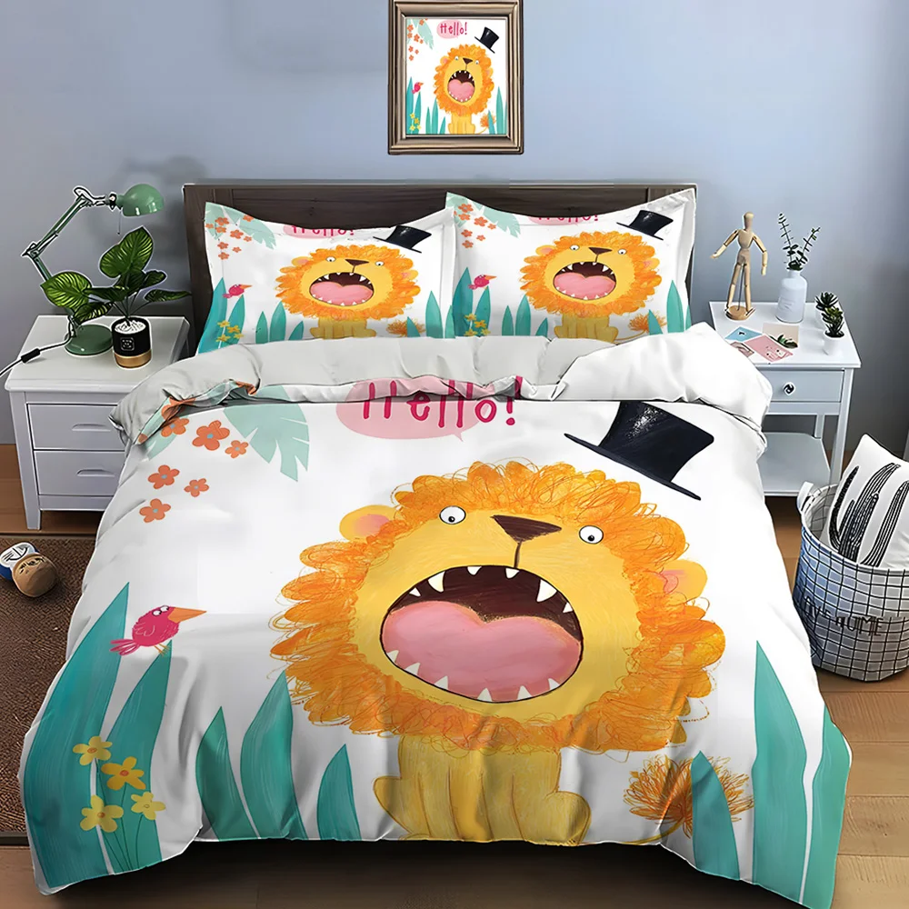 Cartoon lion with hat and bird Print Soft Comfortable Duvet Cover Bedding Set Included 1*Duvet Cover 2*Pillowcases for gifts
Cartoon lion with hat and bird Print Soft Comfortable Duvet Cover Bedding Set Included 1*Duvet Cover 2*Pillowcases for gifts