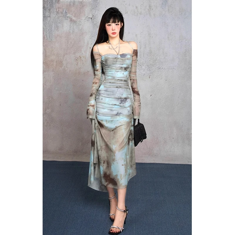 2024 Elegant Dresses Women Ink Painting Mesh Patchwork Long Sleeve Off Shoulder 2000s Vintage Dress Female Temperament Backless
2024 Elegant Dresses Women Ink Painting Mesh Patchwork Long Sleeve Off Shoulder 2000s Vintage Dress Female Temperament Backless