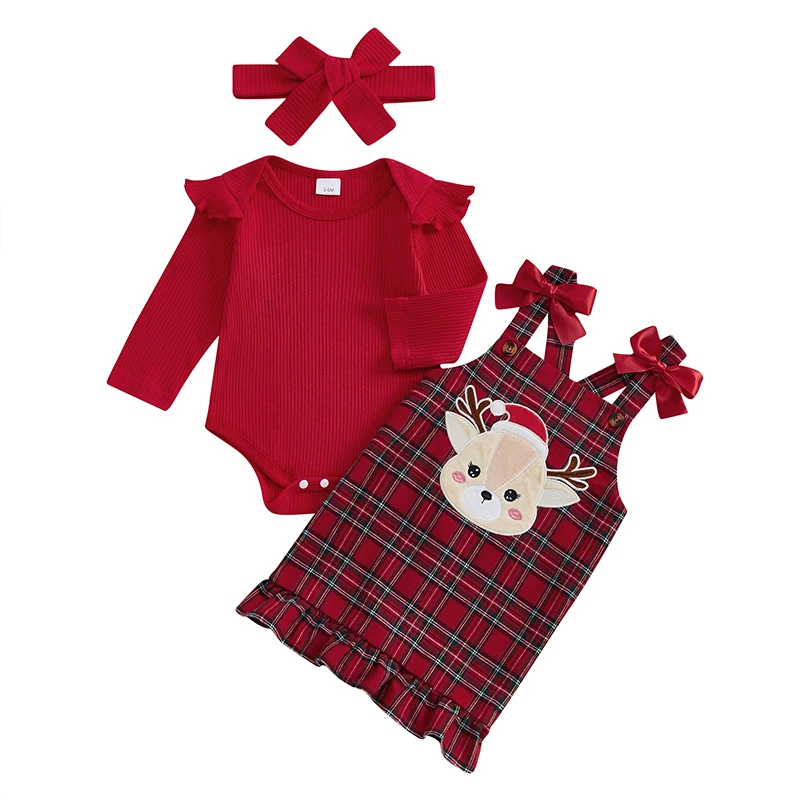 Baby Girl Christmas Outfit Solid Ribbed Long Sleeve Romper with Plaid Suspender Skirt and Headband 3 Pcs Set
Baby Girl Christmas Outfit Solid Ribbed Long Sleeve Romper with Plaid Suspender Skirt and Headband 3 Pcs Set