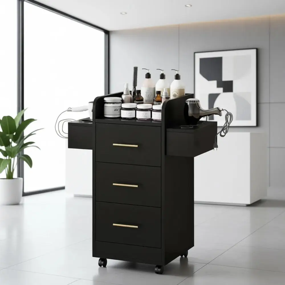 Stylish Hair Styling Trolley with 6 Dryer Holders and 3 Drawers, Black and Gold
Stylish Hair Styling Trolley with 6 Dryer Holders and 3 Drawers, Black and Gold