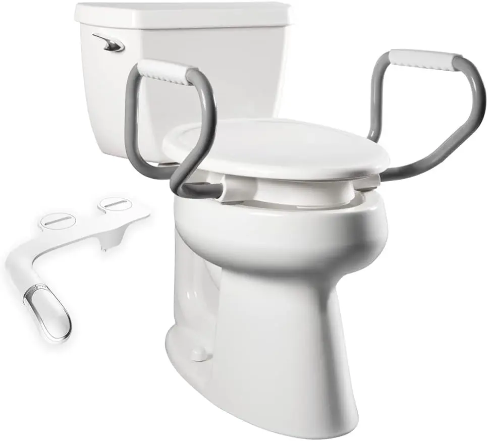 Raised Toilet Seat with Handles and Bidet Attachment, 3" Elevated, Elongated White, Secure Hinges, Clean Shield, Supports 1000
Raised Toilet Seat with Handles and Bidet Attachment, 3" Elevated, Elongated White, Secure Hinges, Clean Shield, Supports 1000