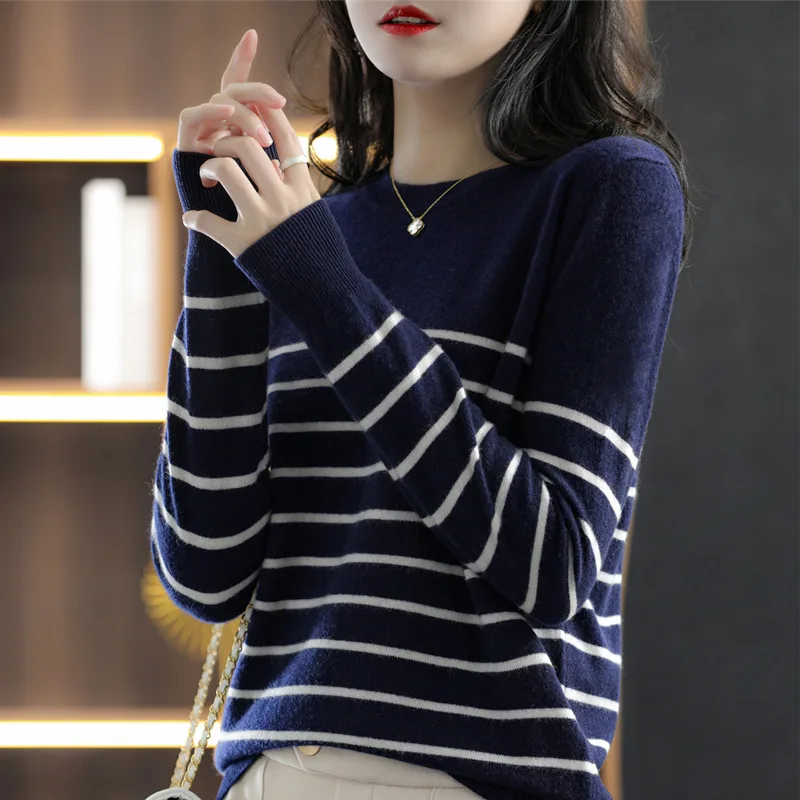 Spring And Autumn 100% Pure Cotton Knitted Blouse Loose Striped Round Neck Pullover Bottoming Sweater
Spring And Autumn 100% Pure Cotton Knitted Blouse Loose Striped Round Neck Pullover Bottoming Sweater