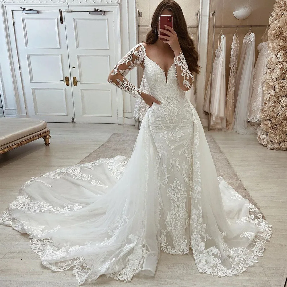 Sevintage Luxury Mermaid Wedding Dresses with Removable Train Lace Appliques V-Neck Long Sleeves Bridal Gowns Wedding Dress 2022
Sevintage Luxury Mermaid Wedding Dresses with Removable Train Lace Appliques V-Neck Long Sleeves Bridal Gowns Wedding Dress 2022