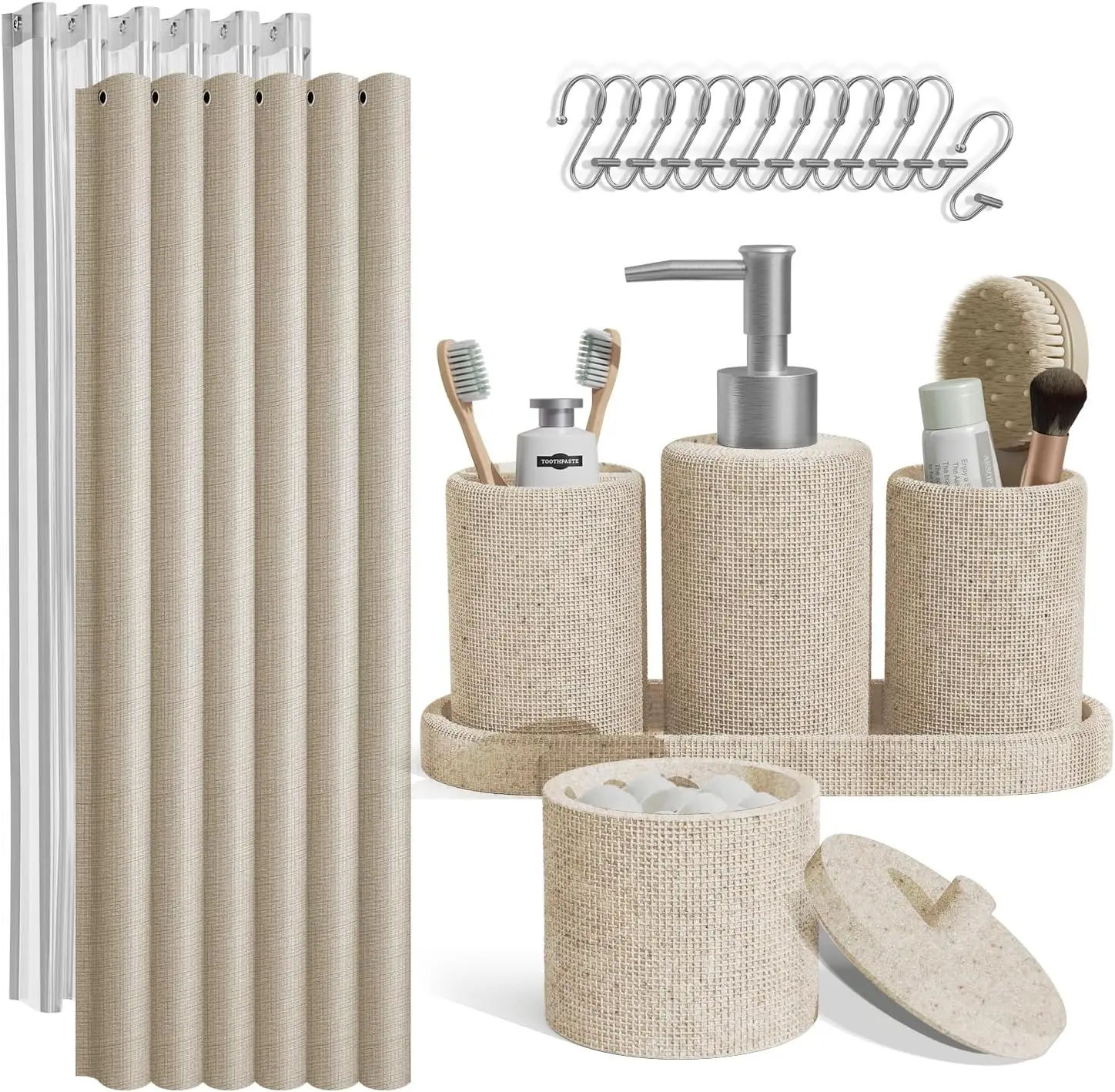 19-Piece Beige Bathroom Accessory Set with Shower Curtain, Soap Dispenser & Toothbrush Holder - Complete Bathroom Decor
19-Piece Beige Bathroom Accessory Set with Shower Curtain, Soap Dispenser & Toothbrush Holder - Complete Bathroom Decor