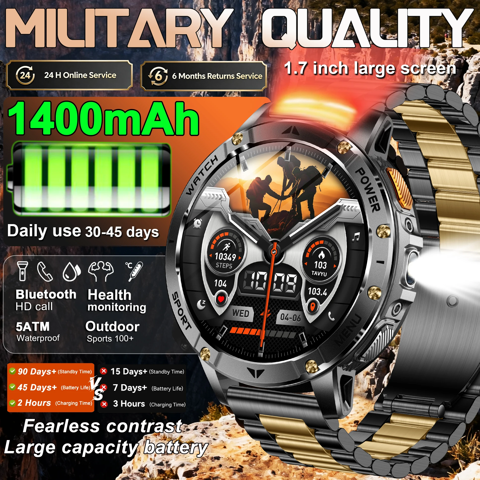 2026 New Military Smartwatch 1.7 Inch Display 1400mAh Big Battery Waterproof BT Call Outdoor Sports Heart rate Fitness Watch Men
2026 New Military Smartwatch 1.7 Inch Display 1400mAh Big Battery Waterproof BT Call Outdoor Sports Heart rate Fitness Watch Men