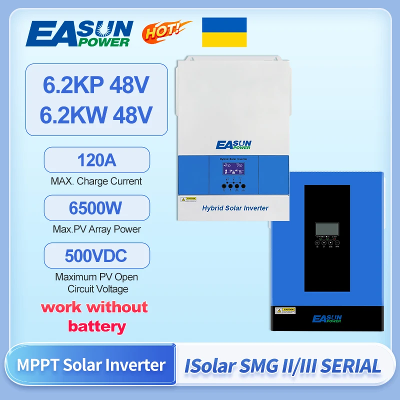 EASUN Hybrid Solar Inverter 48V 6200W 7000VA 220VAC On Grid Pure Sine Wave 48VDC MPPT Solar Inversor With 120A Power Controller 
EASUN Hybrid Solar Inverter 48V 6200W 7000VA 220VAC On Grid Pure Sine Wave 48VDC MPPT Solar Inversor With 120A Power Controller