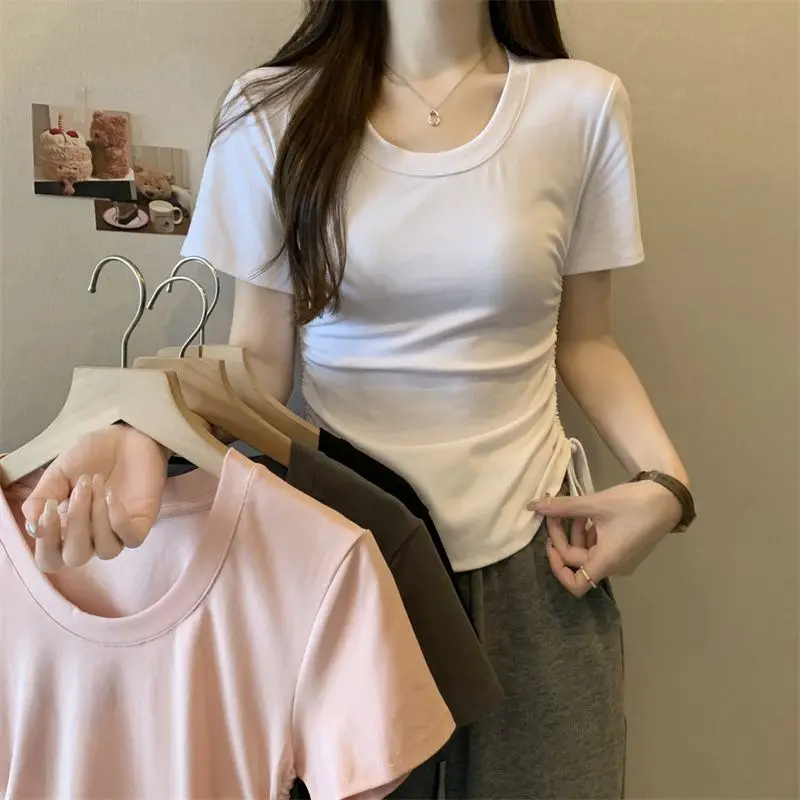 Cotton Containing Design Short SleevetWomen's New Summer Drawstring Short Top, Spicy Girl Solid Color Round Neck Top, Exportins
Cotton Containing Design Short SleevetWomen's New Summer Drawstring Short Top, Spicy Girl Solid Color Round Neck Top, Exportins