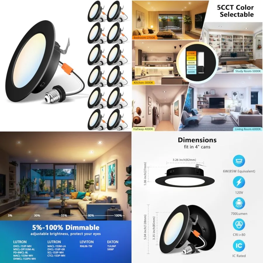 4 Inch LED Recessed Lighting, Slim Can Lights, 6W=85W, 700LM, 5CCT Color Selectable, Dimmable Downlight with E26 Conversion Kit
4 Inch LED Recessed Lighting, Slim Can Lights, 6W=85W, 700LM, 5CCT Color Selectable, Dimmable Downlight with E26 Conversion Kit