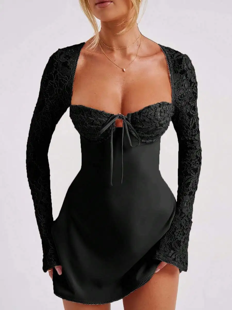 Black Lace Trim Bodysuit Dress with Long Sleeves and Tie Front
Black Lace Trim Bodysuit Dress with Long Sleeves and Tie Front