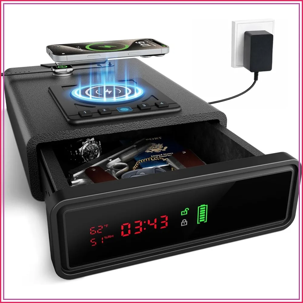 Biometric Gun Safe with Wireless Charging, Quick Access Fingerprint, Bedside Pistol Case, Digital Alarm Clock
Biometric Gun Safe with Wireless Charging, Quick Access Fingerprint, Bedside Pistol Case, Digital Alarm Clock