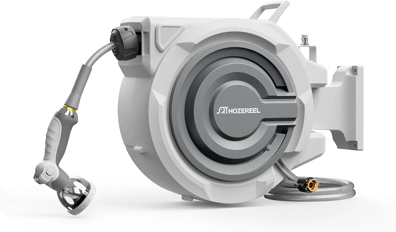 110 FT Retractable Garden Hose Reel, Automatic Self-Retracting Wall Mount, 1/2" Hybrid Hose, 10-Pattern Nozzle, Heavy Duty Brass
110 FT Retractable Garden Hose Reel, Automatic Self-Retracting Wall Mount, 1/2" Hybrid Hose, 10-Pattern Nozzle, Heavy Duty Brass
