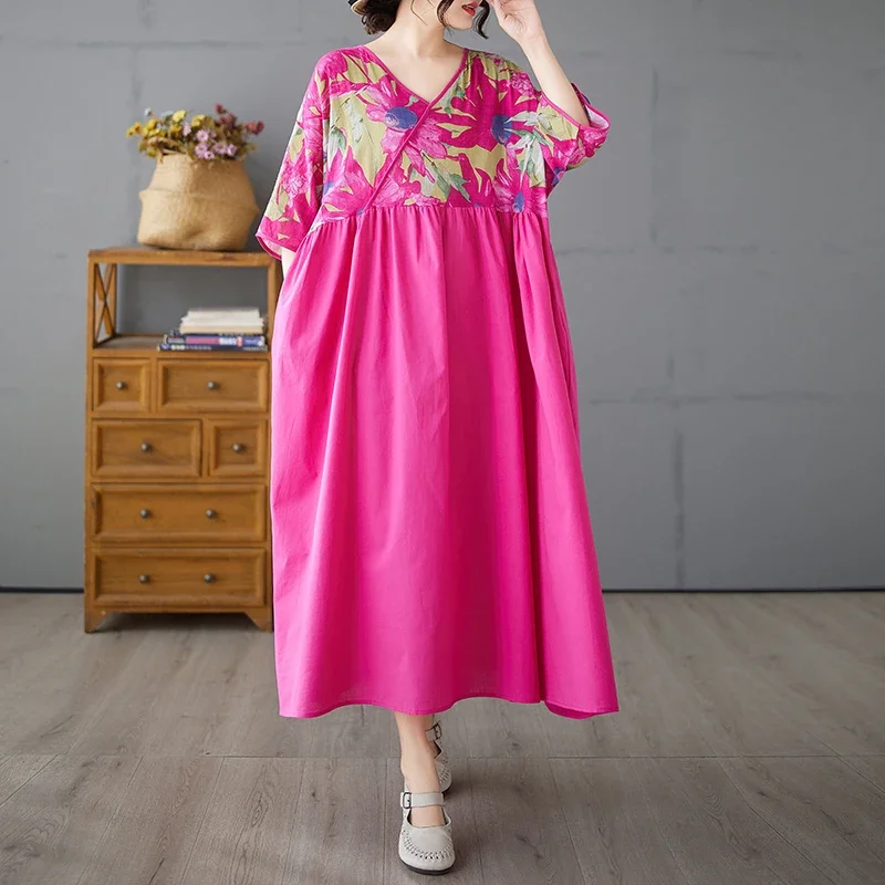 2025 Summer New V-neck Splicing Cotton Hemp Dress for Women Retro Loose and Casual Half Sleeve Large Size Long Dress Female S31
2025 Summer New V-neck Splicing Cotton Hemp Dress for Women Retro Loose and Casual Half Sleeve Large Size Long Dress Female S31