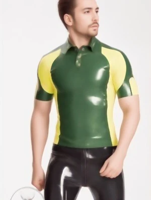 rubber t shirt men's green yellow latex short sleeve polo shirt stylish design with collar and button details handmade clubwear 
rubber t shirt men's green yellow latex short sleeve polo shirt stylish design with collar and button details handmade clubwear