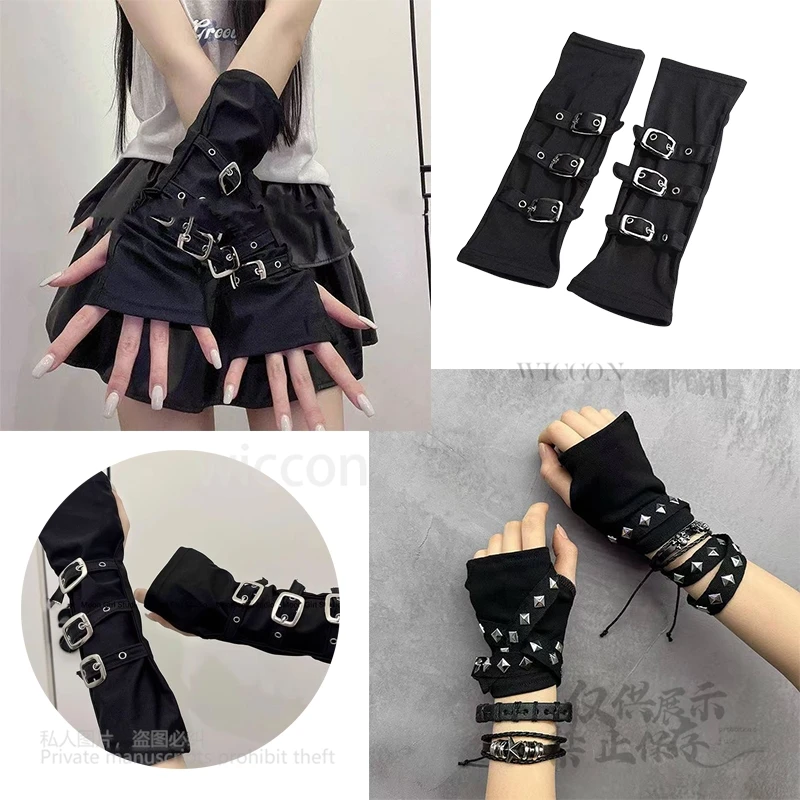 Y2k Jirai Kei, костюм для косплея, реквизит, перчатки в стиле панк, металлическая пряжка, перчатки с половиной пальца, защитные рукава для бинарной выставки, женские 
Y2k Jirai Kei, костюм для косплея, реквизит, перчатки в стиле панк, металлическая пряжка, перчатки с половиной пальца, защитные рукава для бинарной выставки, женские