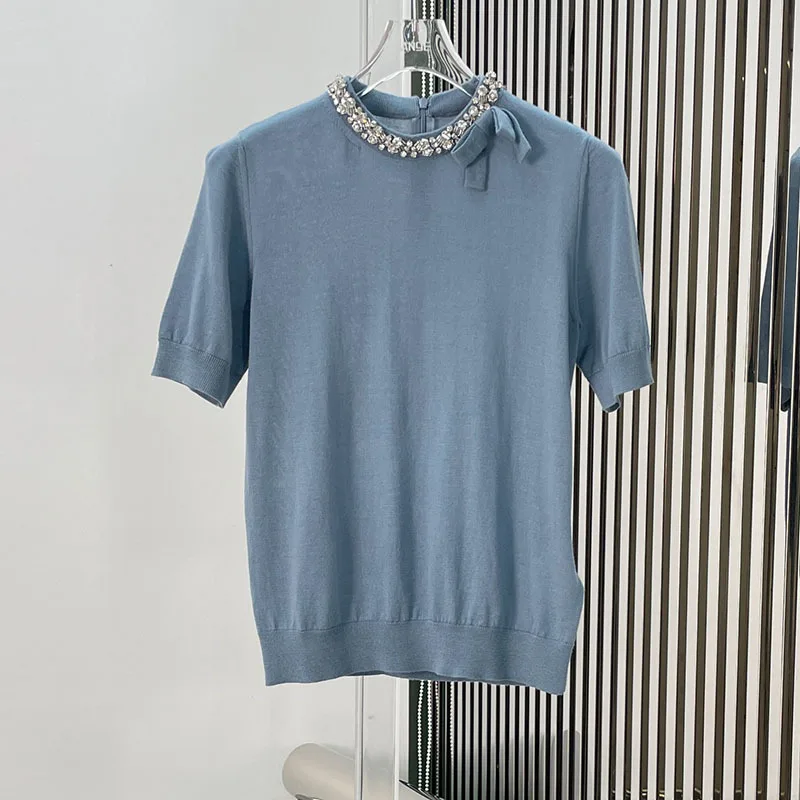 Women's Clothes Fashion Solid Bow Rhinestone Knit Top High Quality Short Sleeve Round Collar Pullover Streetwear Summer New 24
Women's Clothes Fashion Solid Bow Rhinestone Knit Top High Quality Short Sleeve Round Collar Pullover Streetwear Summer New 24