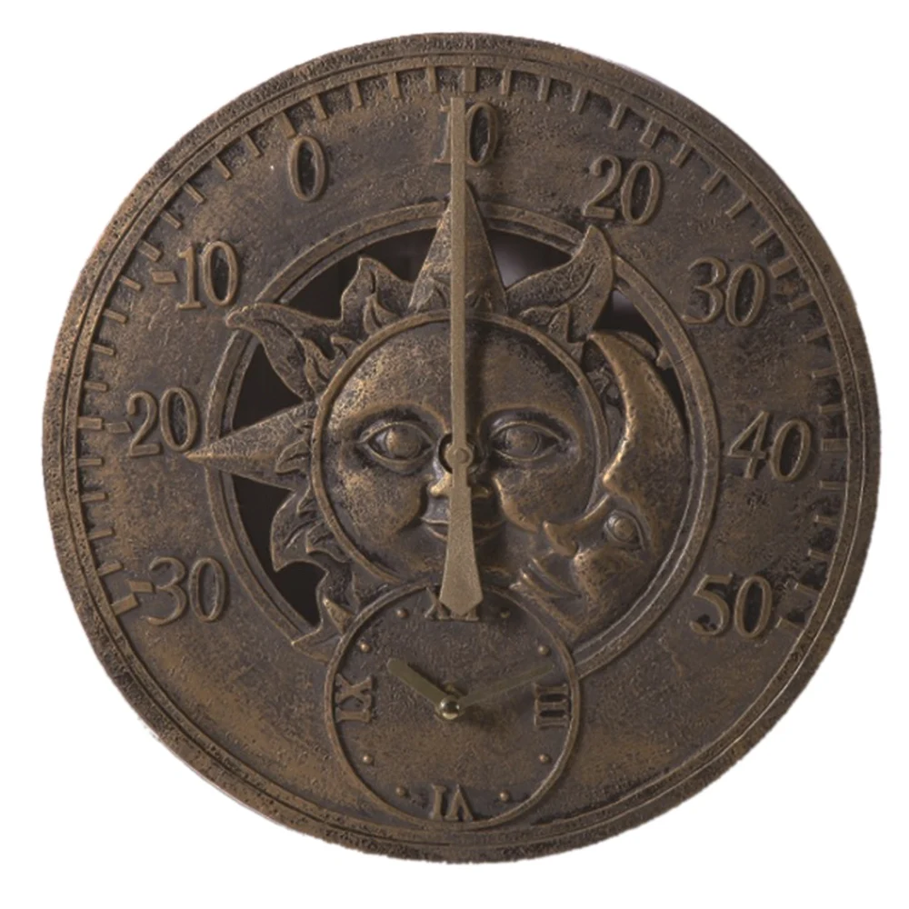 Resin Wall Clock with Thermometer Garden Outdoor Decoration Home Indoor Waterproof Wall Station Clock Sun and Moon
Resin Wall Clock with Thermometer Garden Outdoor Decoration Home Indoor Waterproof Wall Station Clock Sun and Moon