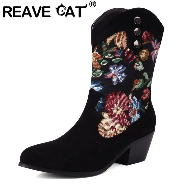 REAVE CAT Flock Замшевые женские ботинки без шнуровки Модная обувь Большой размер 42 43 Mid Calf Bota Черный цветок с круглым носком Блокированные каблуки 5,5 см
REAVE CAT Flock Замшевые женские ботинки без шнуровки Модная обувь Большой размер 42 43 Mid Calf Bota Черный цветок с круглым носком Блокированные каблуки 5,5 см
